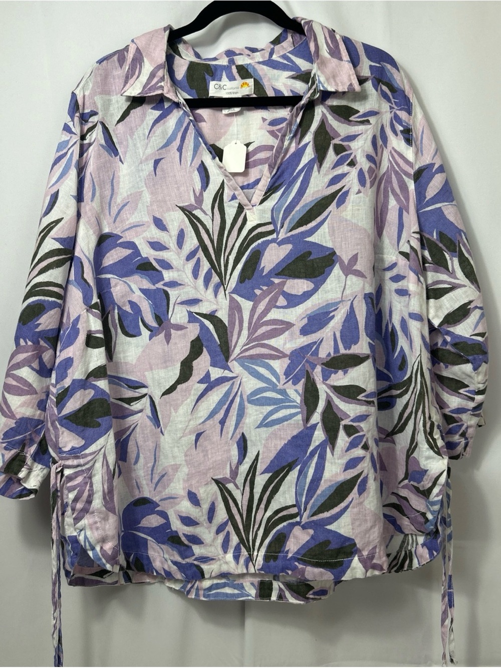 C&C California 100% Linen Tunic Women's 2XTropical Palm Leaf Print 3/4 Sleeve